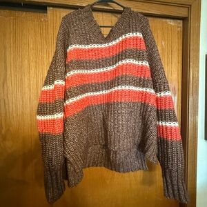 Aerie Offline Cozy Brown and Red Striped Sweater